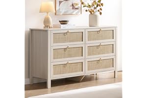 SICOTAS Rattan 6 Drawer Dresser for Bedroom, 51" Wide Dresser Chest of Drawers Cabinet with Large Storage, Boho Tall Closet O