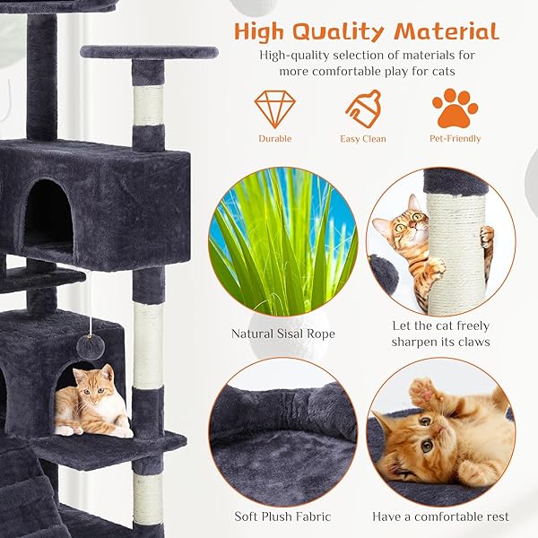 SWEETCRISPY 54-INCH CAT TREE TOWER – MULTI-LEVEL WITH SISAL SCRATCHING POST, PERFECT PET GIFT, INDOOR CONDO WITH CLIMBING LADDER, PLUSH TOY, AND MORE ANIMAL STUFF, GREY