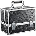 FRENESSA Makeup Train Case 11.8 Inch Extra Large Makeup Organizer Case 3 Trays with Mirror Cosmetic Travel Storage Box for Makeup Artist Nail Art Tech Sewing Supplies Travel Case Black Floral