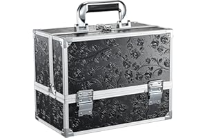 FRENESSA Makeup Train Case Makeup Box 11.8 Inch Large Makeup Case Organizer 3 Trays with Mirror Locking Cosmetic Storage Box for Cosmetics Nail Supplies Sewing Travel Case Black Floral