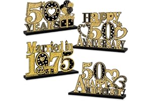 Eiurteao 4 Pieces 50th Anniversary Decorations Married in 1975 Wooden Table Sign, Black Gold Happy 50 Wedding Anniversary Table Centerpieces Party Supplies, Cheers to 50 Year Anniversary Table Decor