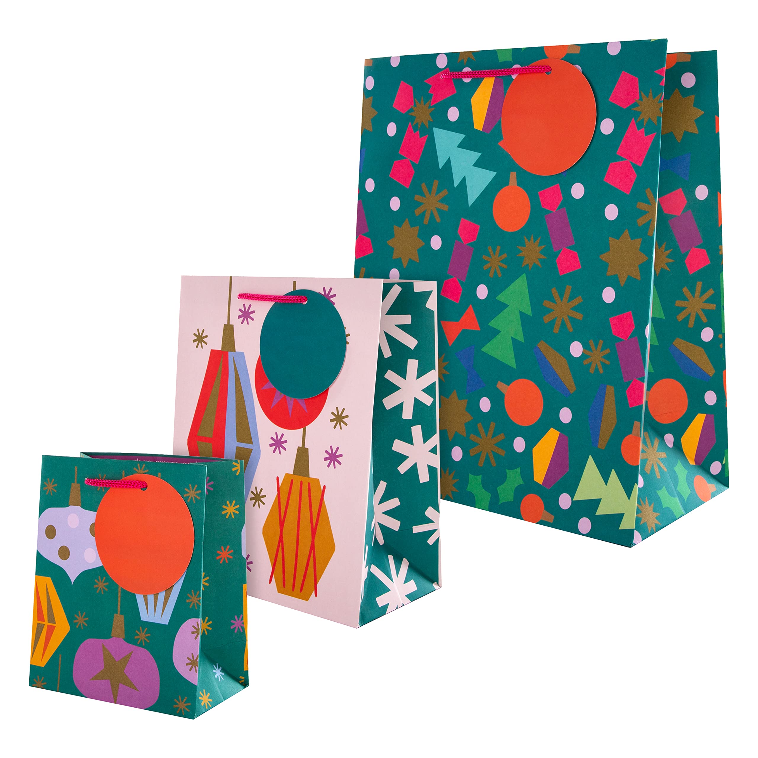 Hallmark Gift Bags, Gift Bags for Presents, Pack of 3, Festive Bauble Designs, Christmas, Abstract Shapes, Red, Pink, Purple