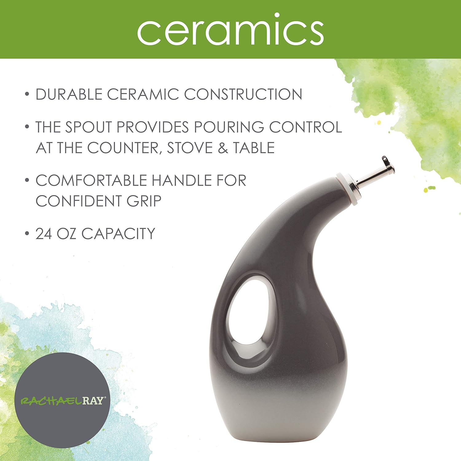 Rachael Ray Solid Glaze Ceramics EVOO Olive Oil Bottle Dispenser with Spout, 1 Piece, Gray Ombre: Kitchen & Dining