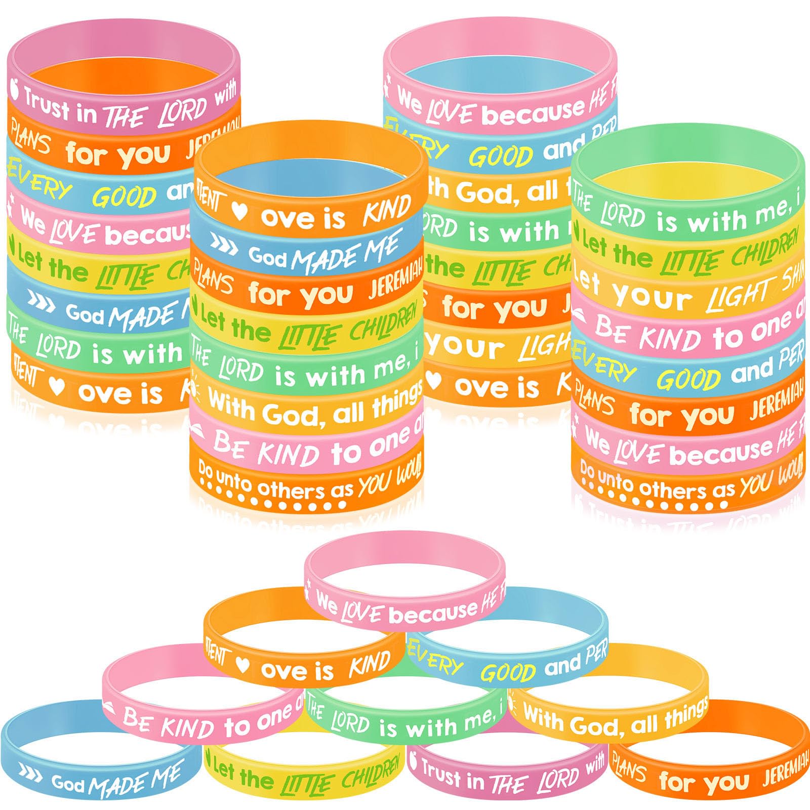 Gueevin 60 Pcs Bible Verse Bracelets for Kids Christian Scripture Bracelets Jesus Wristband Religious Motivational Valentine Kids School Gifts Classroom Prizes (Classic,Light Color)