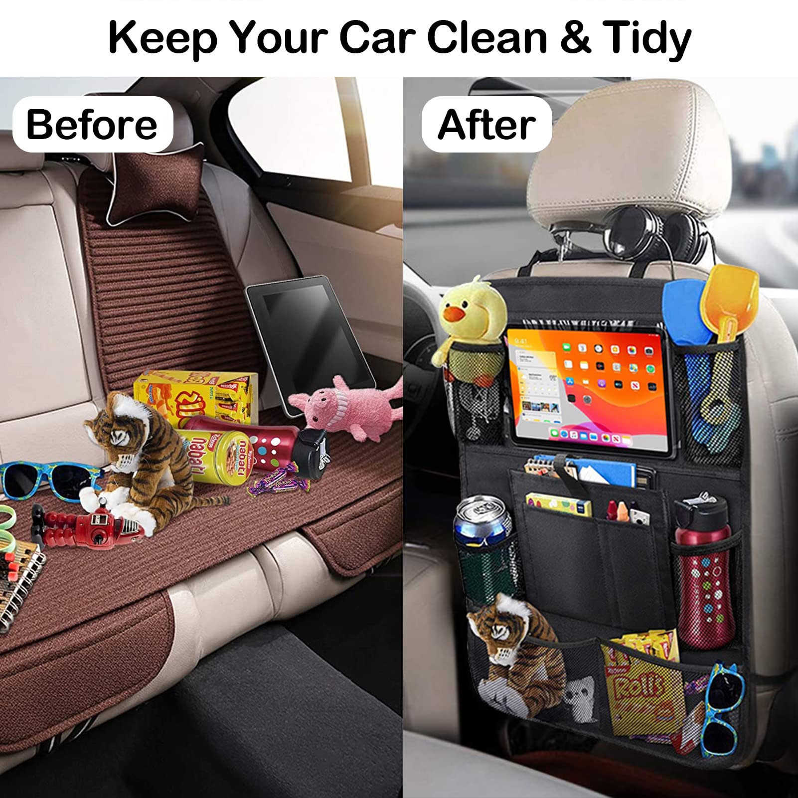 Car Storage Organizer 2 PCS,Car Backseat Organizer for Kids Durable Waterproof Oxford Fabric with Touchable Tablet Holder 8 Mesh Pockets and 2 Pockets for Snacks Toys,Car Travel Accessories