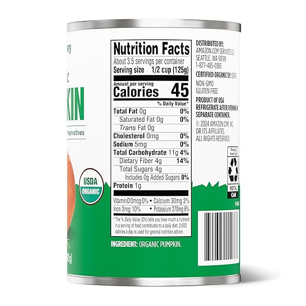 AMAZON GROCERY, ORGANIC PUMPKIN, 15 OZ (PREVIOUSLY HAPPY BELLY, PACKAGING MAY VARY)