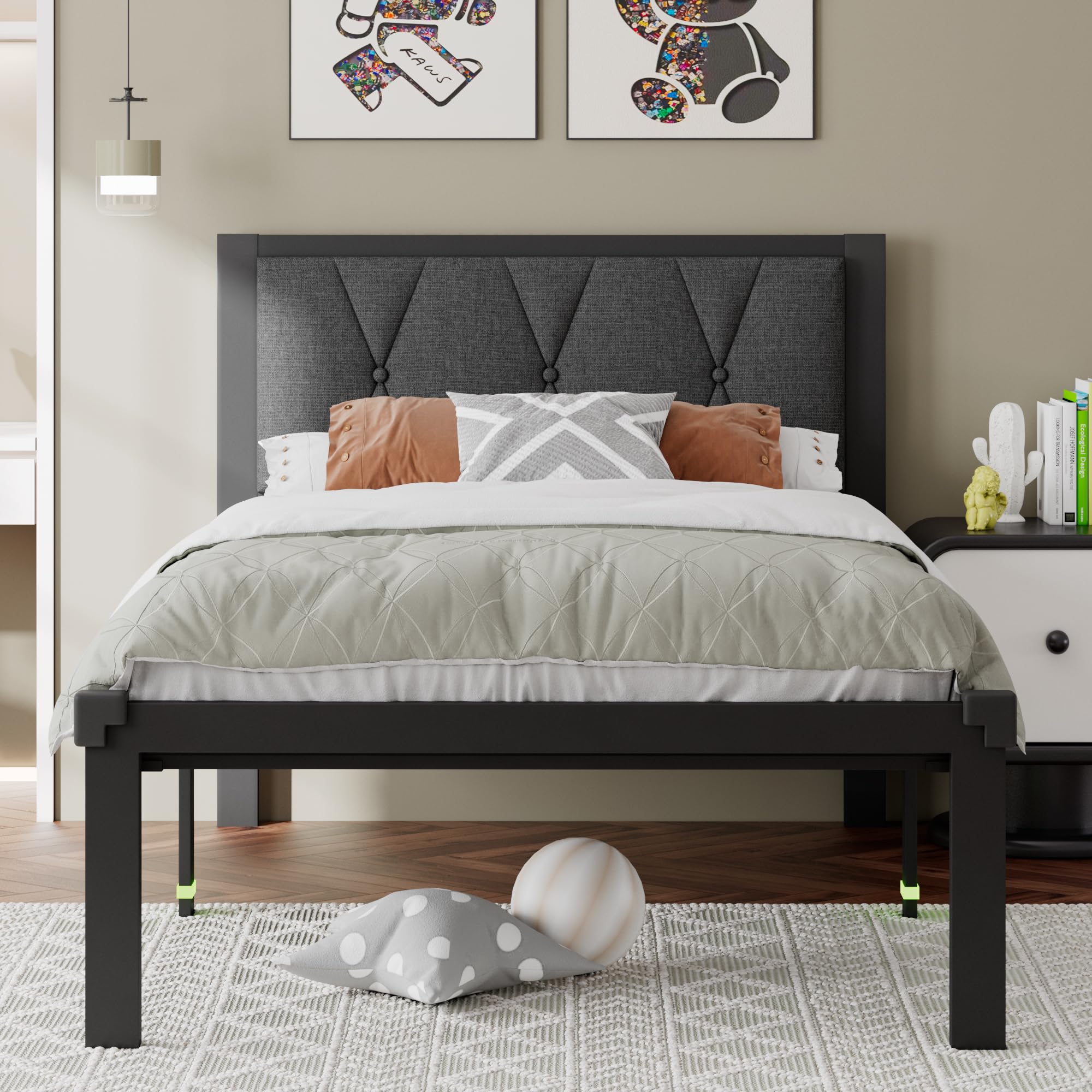 Feonase Twin Metal Bed Frame with Fabric Button Tufted Headboard, Platform Bed with Heavy Duty Metal Slats, 12 Inch Storage Space, Noise Free, No Box Spring Needed, Grey Image