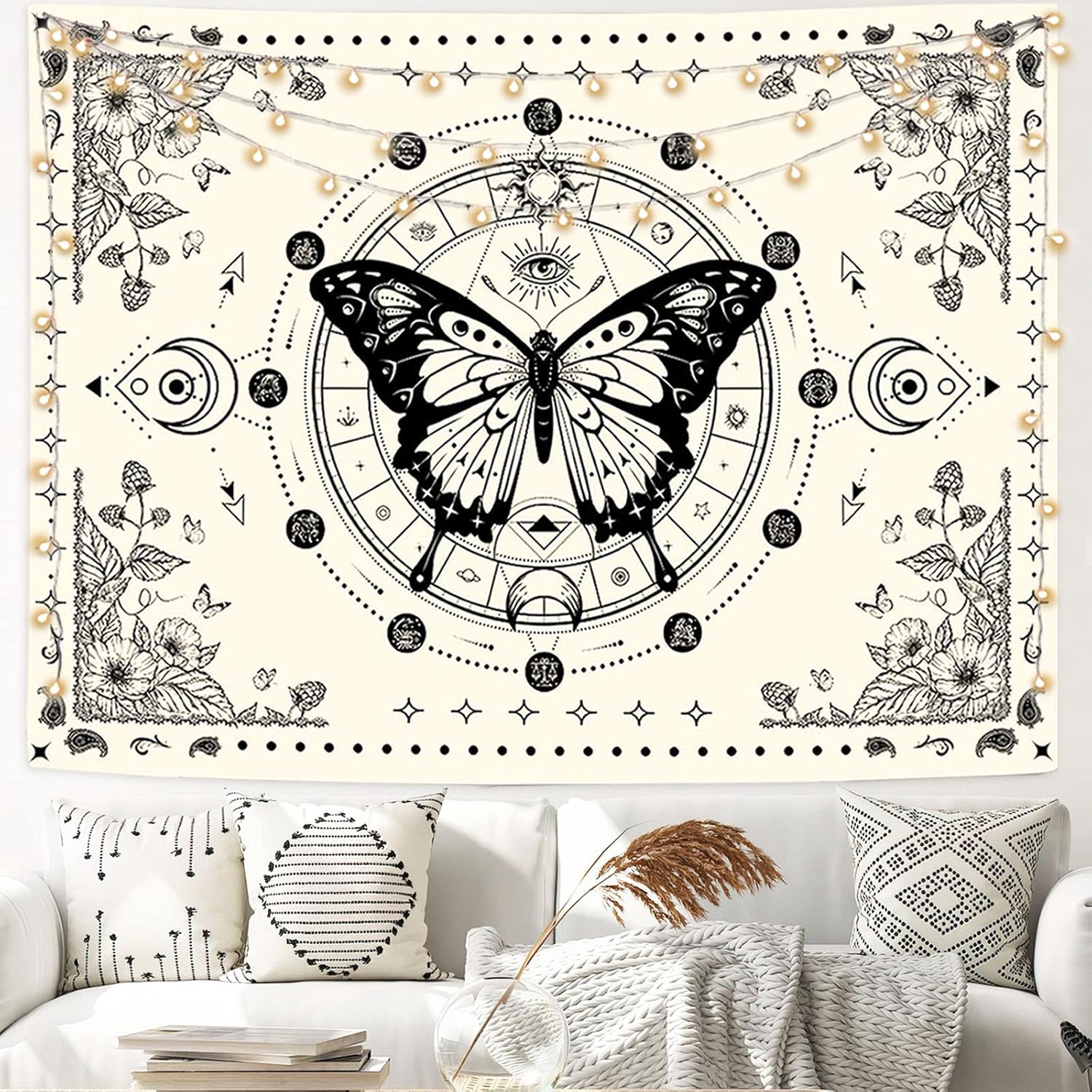Tapestries - Fungarth Butterfly Tapestry Moon Flower Botanical Plant Floral Tapestry Vintage Aesthetic Tapestries Wall Hanging for Bedroom Living Room Dorm (Beige, 48” x 36”)