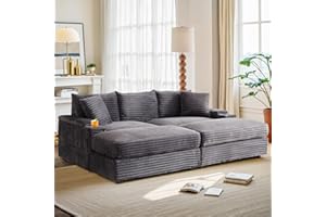 JEEOHEY Oversized Chaise Lounge Chair Indoor with Ottoman,86.6" W Corduroy Upholstered Comfy Sofa,3 Seater Modern Couch with Deep Seat,Leisure Reclining Sleeper Chair for Living Room,Bedroom,Office(Grey)