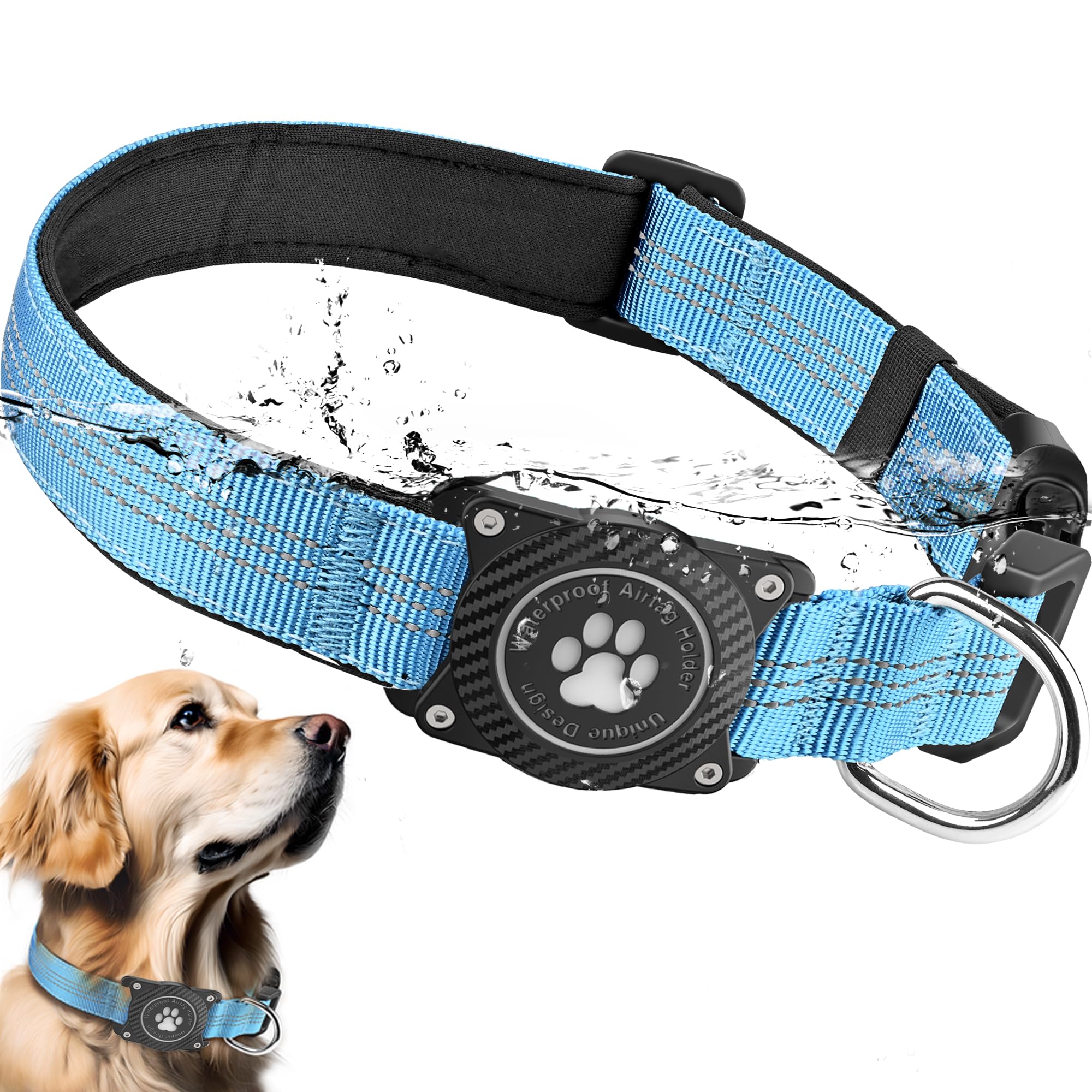 Ytanest Reflective AirTag Dog Collar, Waterproof Air Tag Dog Collar Holder, Luminous,Comfortable and Durable Padded Heavy Duty Dog Collars for Small Medium Large Dogs, Blue, S