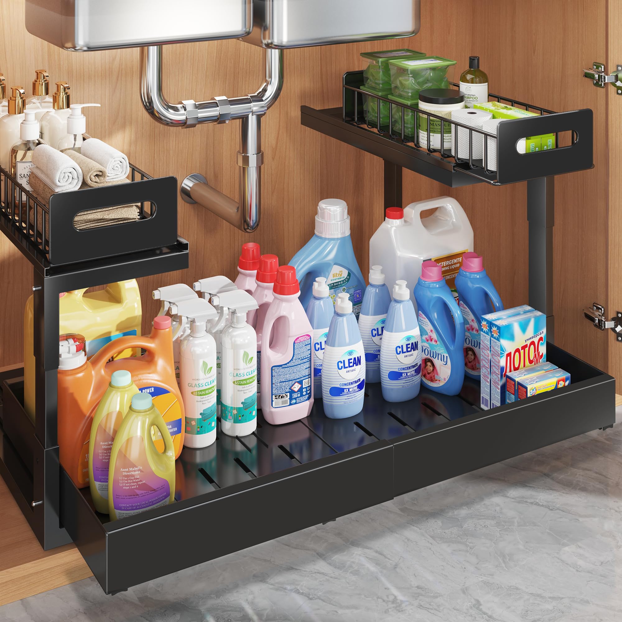 Photo 1 of 1 Pack-15.7"-25.7"W Expandable Under Sink Organizer With Upgrade Ball-Bearing Slide,2-Tier Pull Out Under Cabinet Organizer Height Adjustable,Not Suitable For Cabinets With Partitions In The Middle