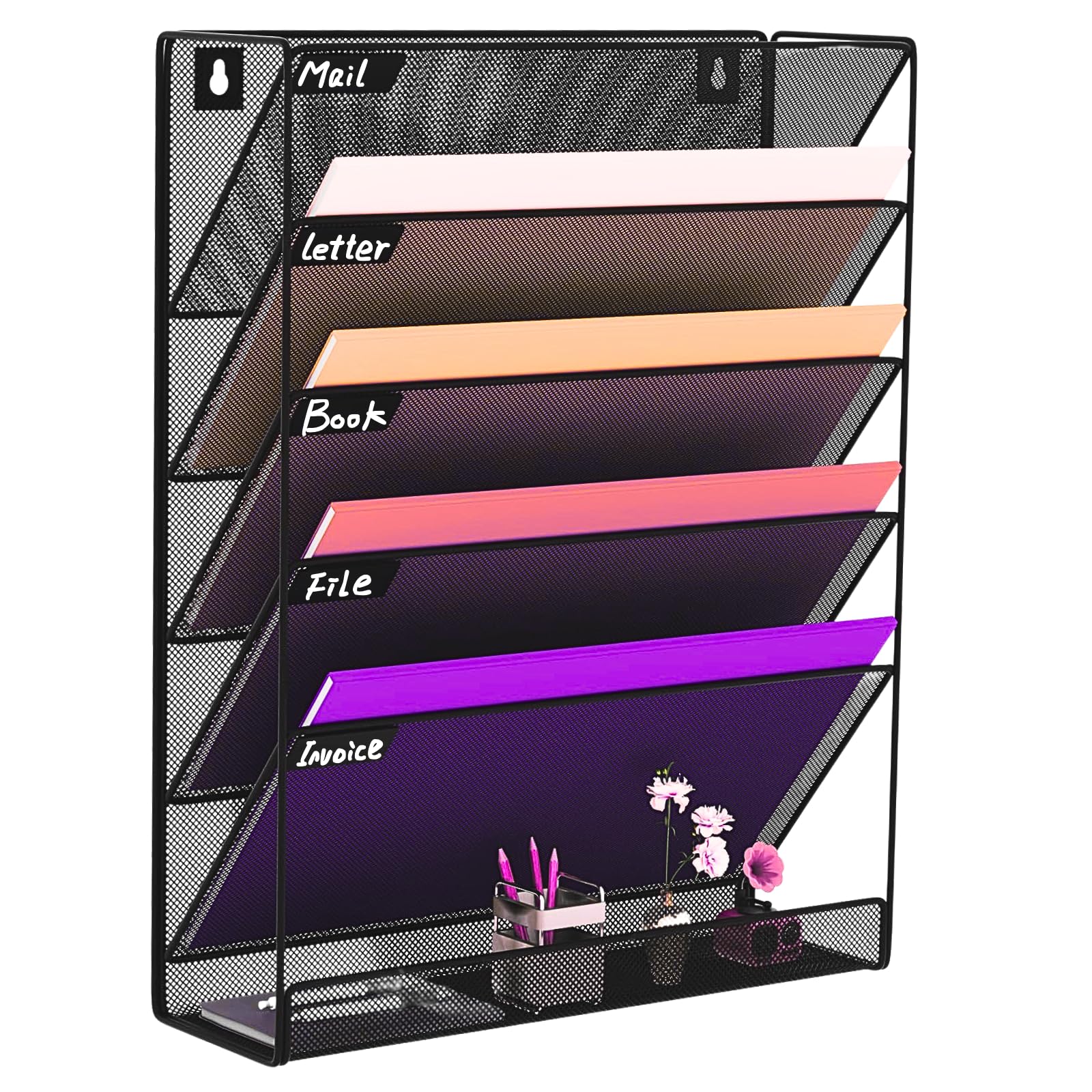 Photo 1 of Heavty 6 Tier Vertical Hanging Wall Mount File Organizer, Metal Mesh Desk Mail Paper Document Folder Holder Rack with Bottom Flat Tray for Office Home School, Black
