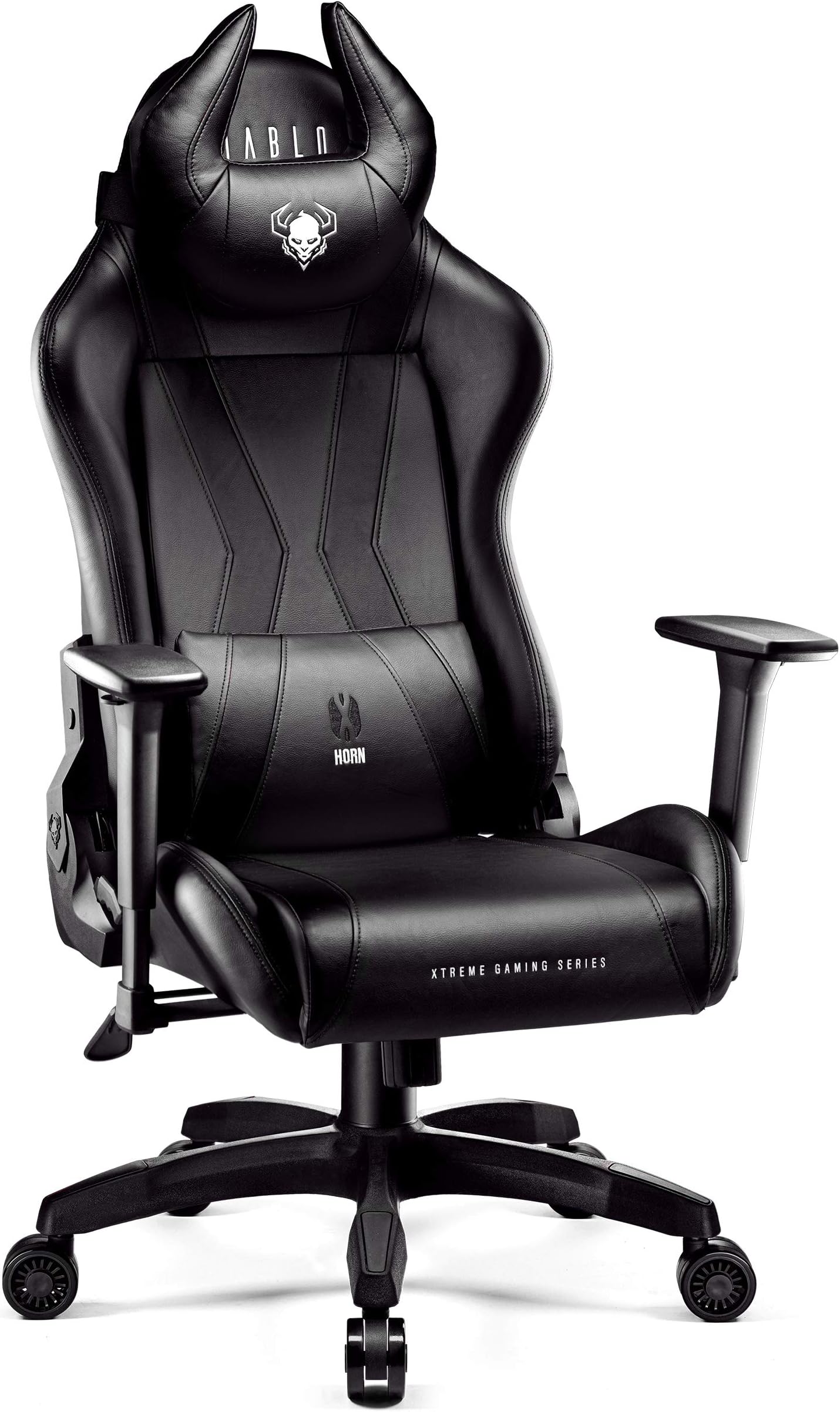 Diablo X-Horn Gaming Chair Office Desk 3D Armrests Ergonomic Design Neck/Lumbar Cushion Faux Leather Tilting Mechanism (black-black, XL)
