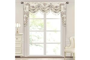 Loom and Mill Luxury European Waterfall Valance for Living Room Bedroom, Elegant Floral Jacquard Swag Window Valances with Tassels, Damask Swag Curtains for Banquet Wedding Holiday(W79Inch,1 Panel)