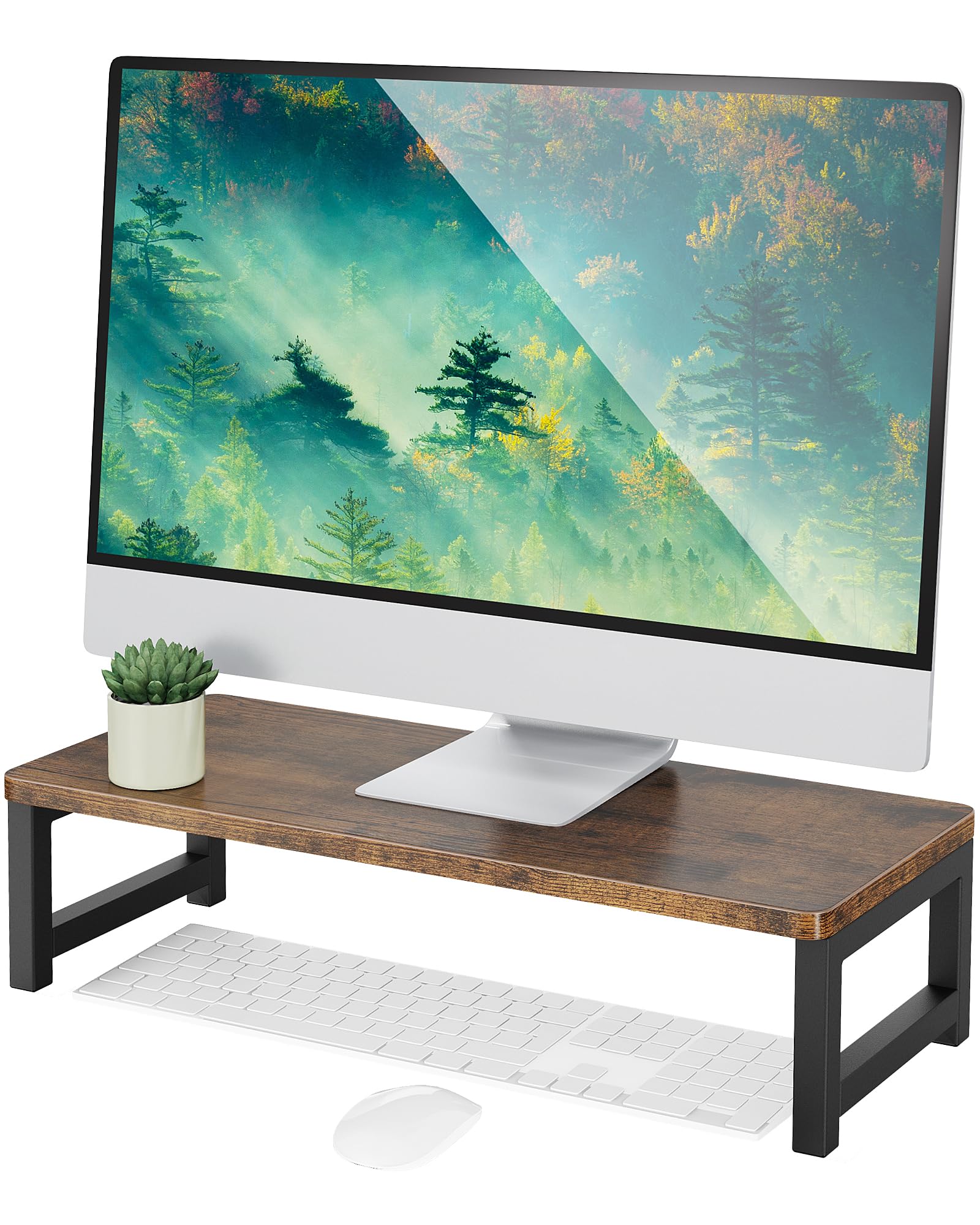 OROPY Wood Vintage Monitor Stand Holder, PC Laptop Computer Screen Riser, Desktop Storage Organiser Shelf for Home or Office, 55 x 23 x 14cm, Dark Brown