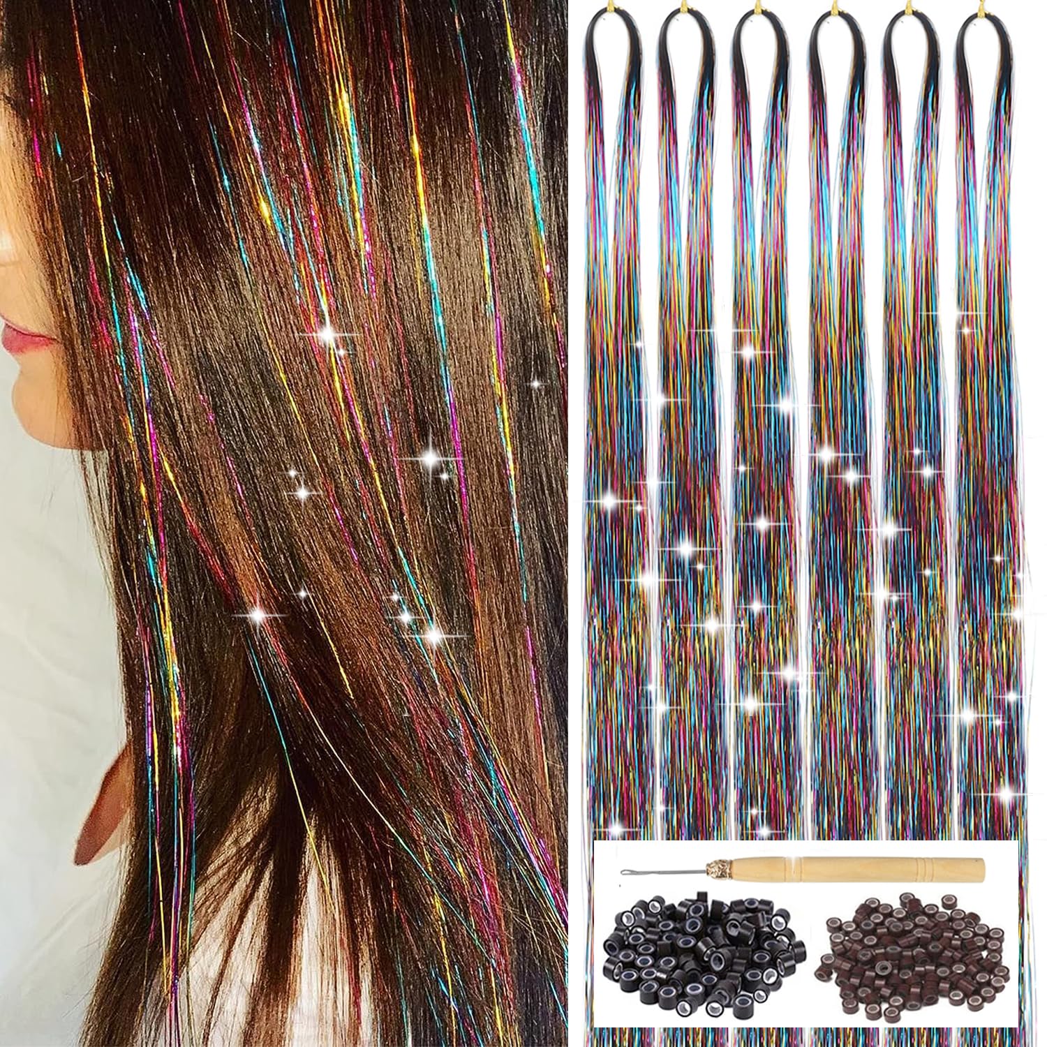 Photo 1 of Rainbow Hair Tinsel Kit with Tool 6pcs 1200 Strands Glitter Tinsel Hair Extensions Heat Resistant Sparkling Shiny Fairy Hair Accessories for Women Girls Kids 47Inch
