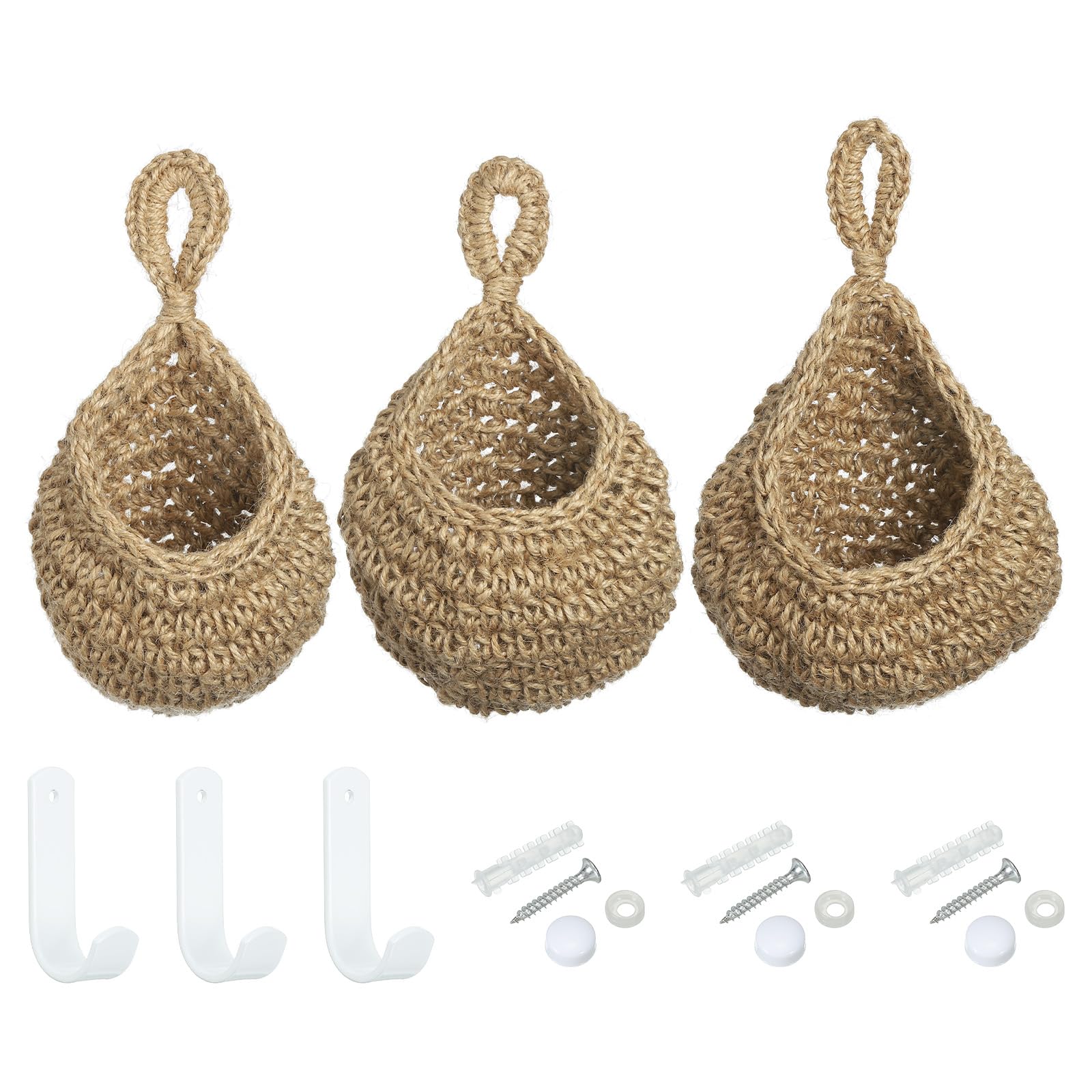 PATIKIL Hanging Fruit Baskets for Kitchen, 3 Sizes Teardrop Home Decor Storage Hand-Woven Wall Hanging Basket for Garlic Potato Vegetable, Brown