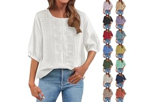 MEKOUIYE Linen Shirts for Women 2025 Retro Embroidered 3/4 Sleeve Boho Peasant Summer Blouses Casual Loose Cute Tunic Tops