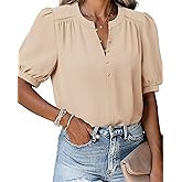 Triratna Women's Summer Tops Dressy Casual Puff Short Sleeve V Neck Button Down Chiffon Blouses Work Office Shirts
