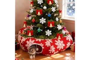 LoopTime Cat Tunnel Christmas Tree Skirt,Christmas Tree Cat Tunnel for Indoor Cats,Cat Tunnels Tree Skirt,Soft Peekaboo Hideway Bed Cave Donut Toys Circle Tunnels for Kittens & Large Cats (Red)