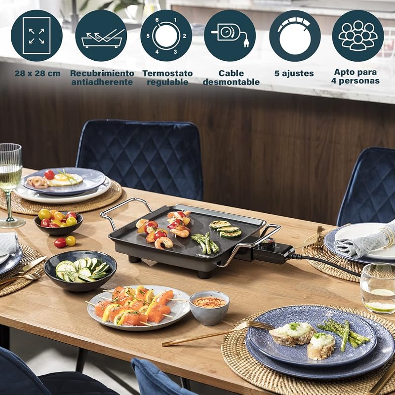 Chapa quadrada compacta princess 102210 com revestimento antiaderente de camada dupla, 1900 w, superfície de 28 x 28 cm, alumínio fundido, alças cool-touch, termostato ajustável