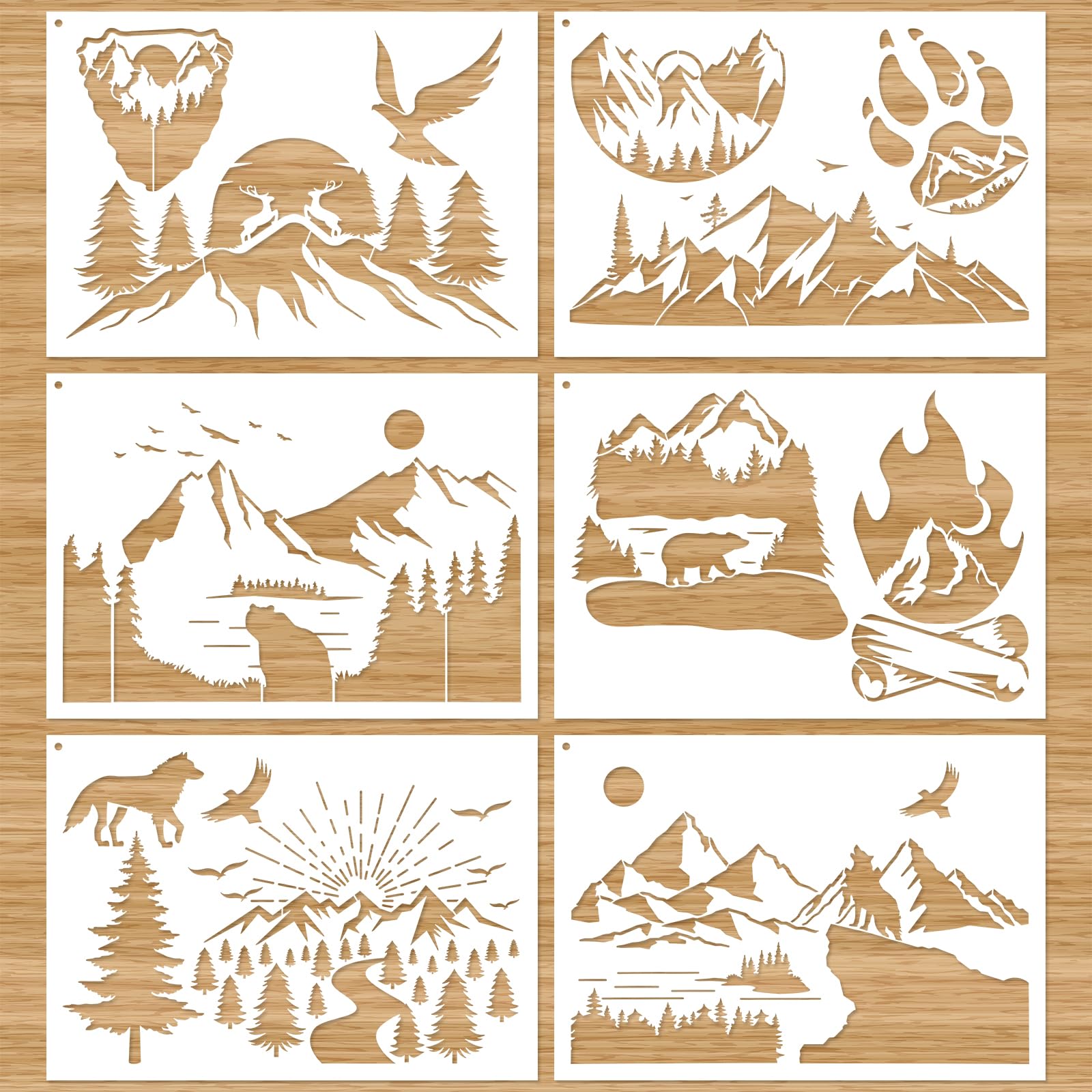 6pcs Wood Burning Stencils and Patterns - Reusable Mountain, Wildlife, Nature, Deer, Tree Stencils for Painting On Wood