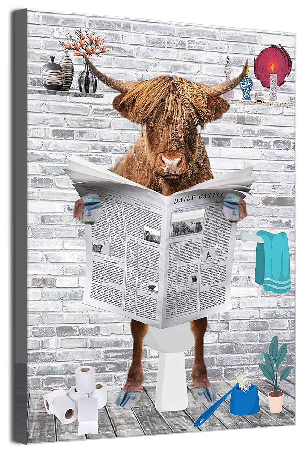 MKHFUW Funny Bathroom Wall Art, Funny Animals Reading Newspapers in the Toilet Canvas Poster for Toilet Bathroom Animals Artwork, Frameless (Highland Cattle, 50 x 70 cm)