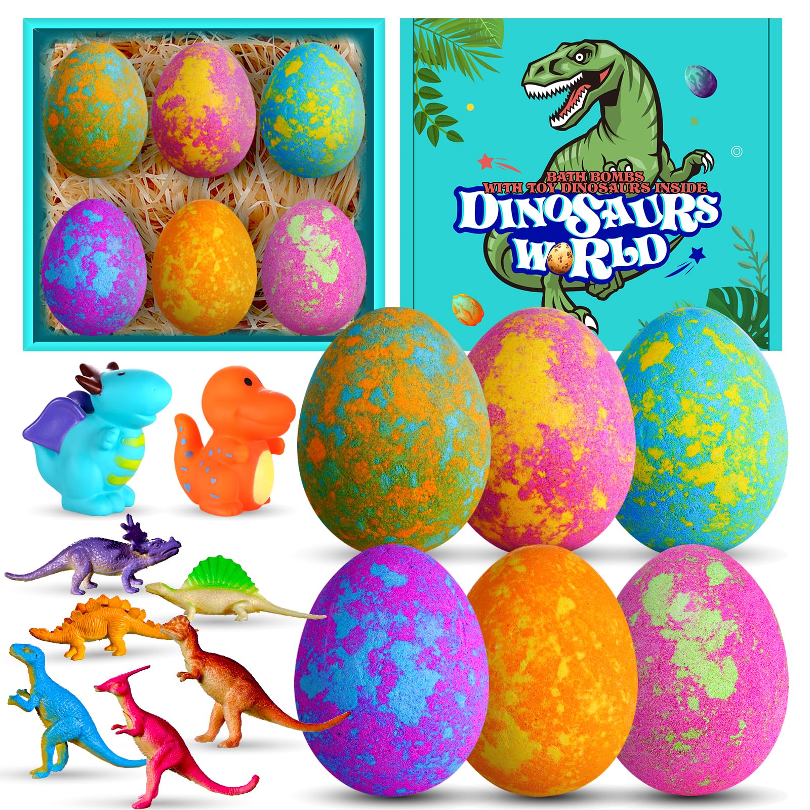 Aofmee Bath Bombs for Kids with Dinosaur Toy Inside, Easter Basket Stuffers for Toddler, Handmade Bubble Dinosaur Eggs for Boys Girls Gift Set for Birthday Christmas