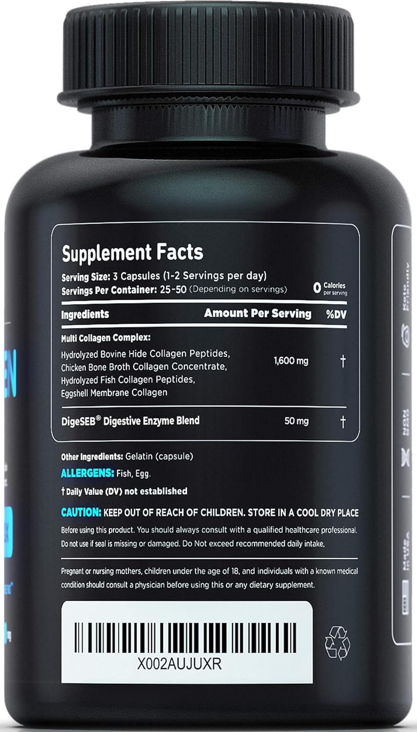 Multi Collagen Pills (Types I,II,III,V,X) 150 Capsules 3300 mg Grass Fed Collagen Peptides Enhanced Absorption for Anti-Aging, Hair Growth & Nails, Healthy Joints & Skin, Hydrolyzed Protein Supplement: Health & Personal Care