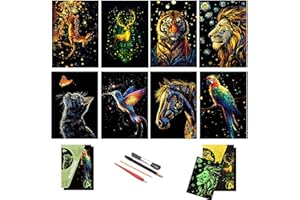 DESINIK Rainbow Scratch Art Painting Paper, 8 Sheets of Glow in The Dark Rainbow Scratch Paper with 4 Tools, DIY Glow in The Dark Crafts for Adults(Lion&Parrot)