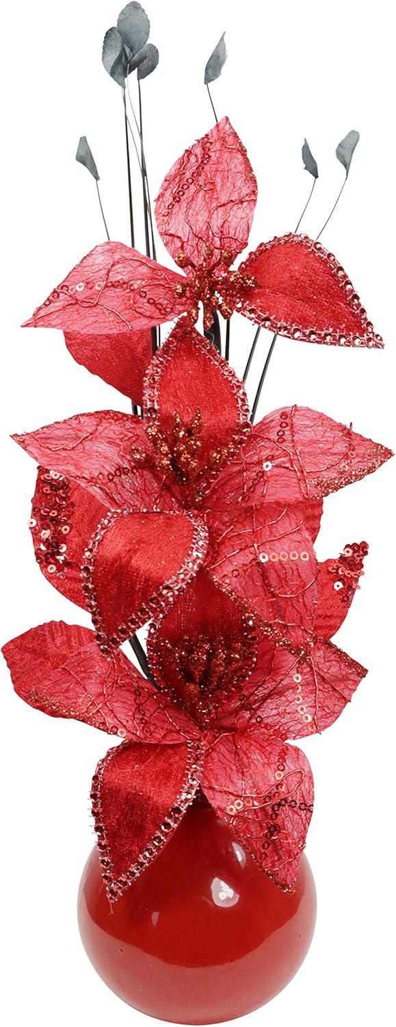 Red Vase with Black and Red Artificial Flowers, Ornaments for Living