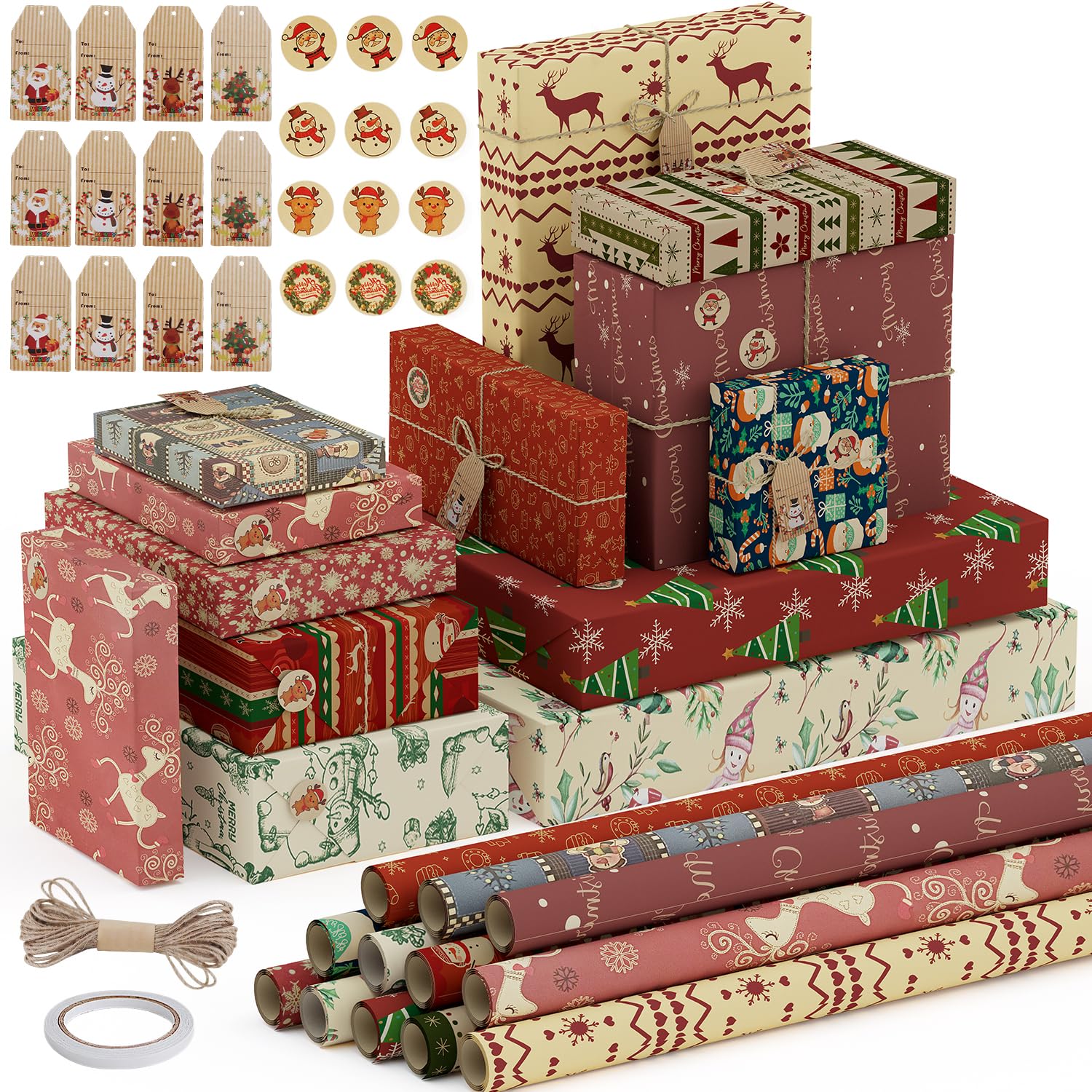 OWill Christmas Wrapping Paper,12 Sheets 50x70cm Recycle Xmas Kraft Paper 12 Christmas Wrapping Paper Designs with 10m Jute String 12 Labels 12 Stickers and a Roll of Tape