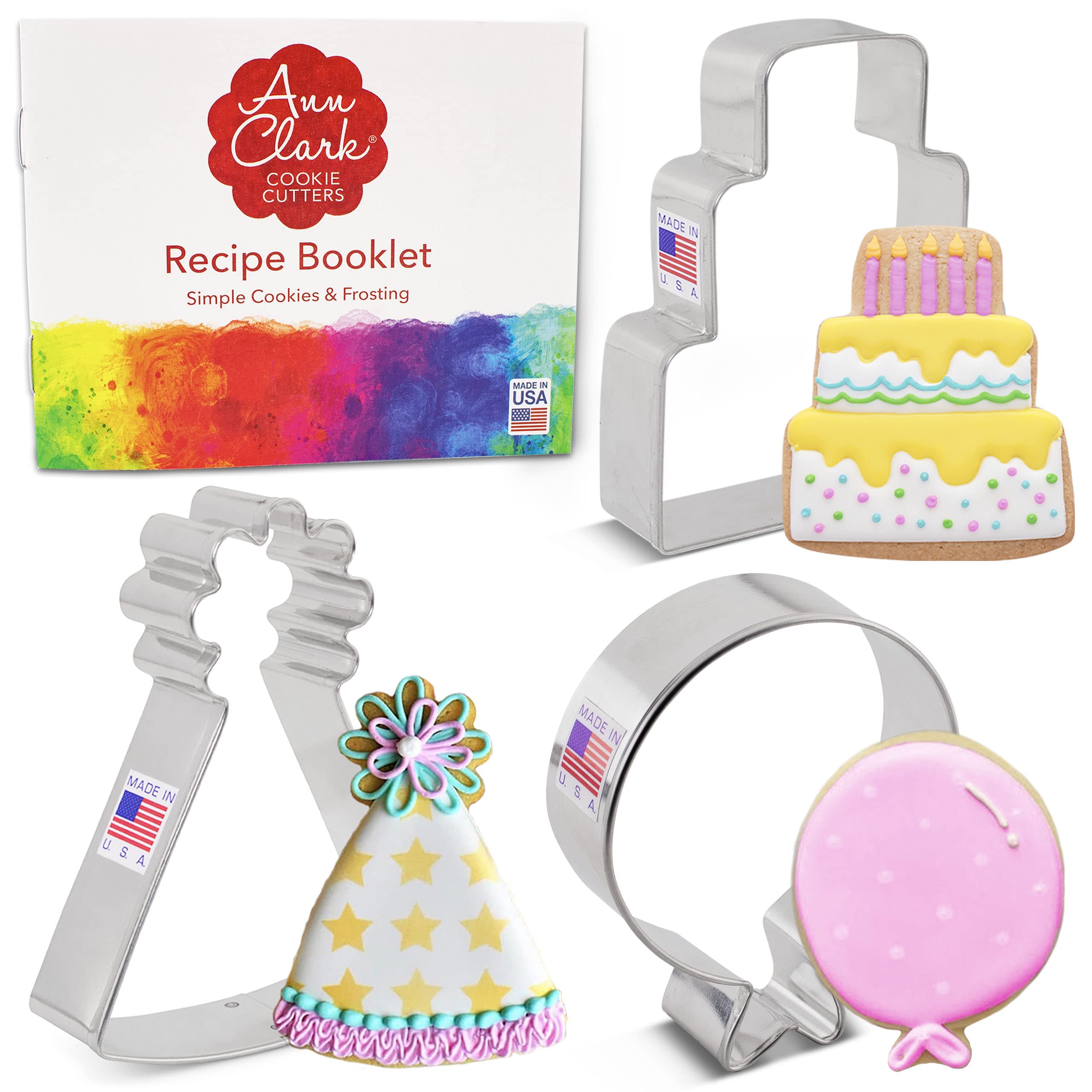 Birthday Cookie Cutters 3-Pc. Set Made in USA by Ann Clark, Birthday Cake, Birthday Hat, Balloon