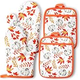 AnyDesign 4Pcs Fall Oven Mitts and Pot Holders Set, Pumpkin Maple Leaves | Heat Resistant Non-Slip Autumn Thanksgiving Potholders Kitchen Oven Gloves with Hot Pads for Cooking Baking