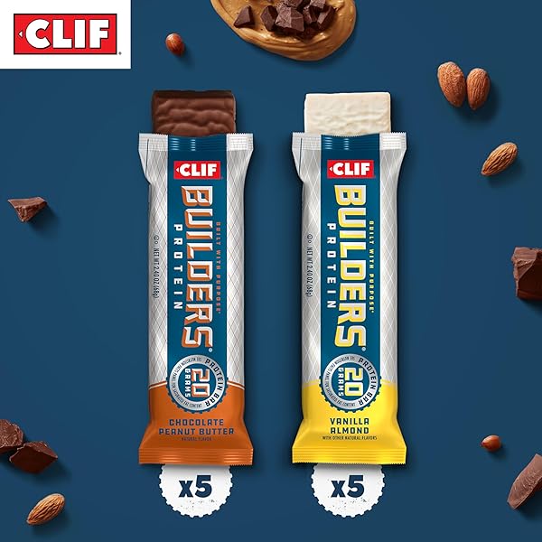 CLIF BUILDERS – CHOCOLATE PEANUT BUTTER AND VANILLA ALMOND FLAVOR – VARIETY PACK – PLANT BASED PROTEIN BARS – GLUTEN FREE – NON-GMO – LOW GLYCEMIC – 20G PROTEIN – 2.4 OZ. (10 COUNT)