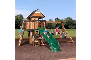 Backyard Discovery Canyon Creek Cedar Wood Swing Set with Wave Slide, Clubhouse, Play Kitchen, Picnic Area, Belt Swings, Web Swing, Rock Wall, Balconies, Playhouse, Step Ladder, Outdoor Playset