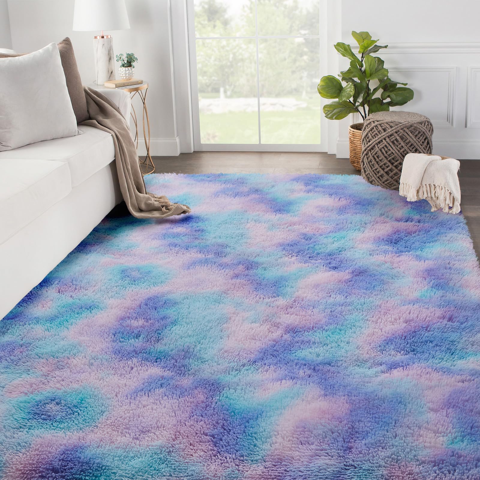 SOANNY Living Room Area Rug, Teal Purple Small Soft Fluffy Tie-Dyed Shag Carpet, Non-Slip Washable Rug for Bedroom, Dorm, Lounge, 90x150 cm — image 1