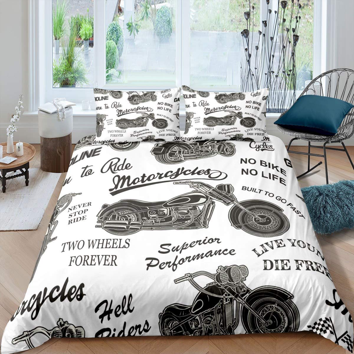 Loussiesd Vintage Motorcycle Duvet Cover Boys Motocross Extreme Sports Bedding Set Racing Dirt Bike Comforter Cover 3D Motorbike Print Quilt Cover Bedroom Collection 3Pcs King Size