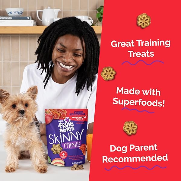 FRUITABLES SKINNY MINI DOG TREATS, HEALTHY SWEET POTATO TREAT FOR DOGS, LOW CALORIE & DELICIOUS, PUPPY TRAINING, FREE OF WHEAT, CORN AND SOY, MADE IN THE USA, BACON AND APPLE FLAVOR, 5OZ