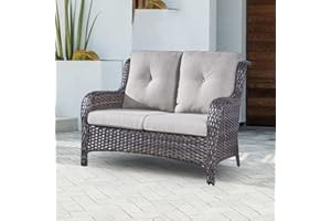 PUGIRE Patio Loveseat Wicker Outdoor Couch - 2-Seater Rattan Patio Sofa with Deep Seating and Comfortable Cushions for Outside Porch Deck Poolside Balcony(Brown Wicker/Grey Cushion)