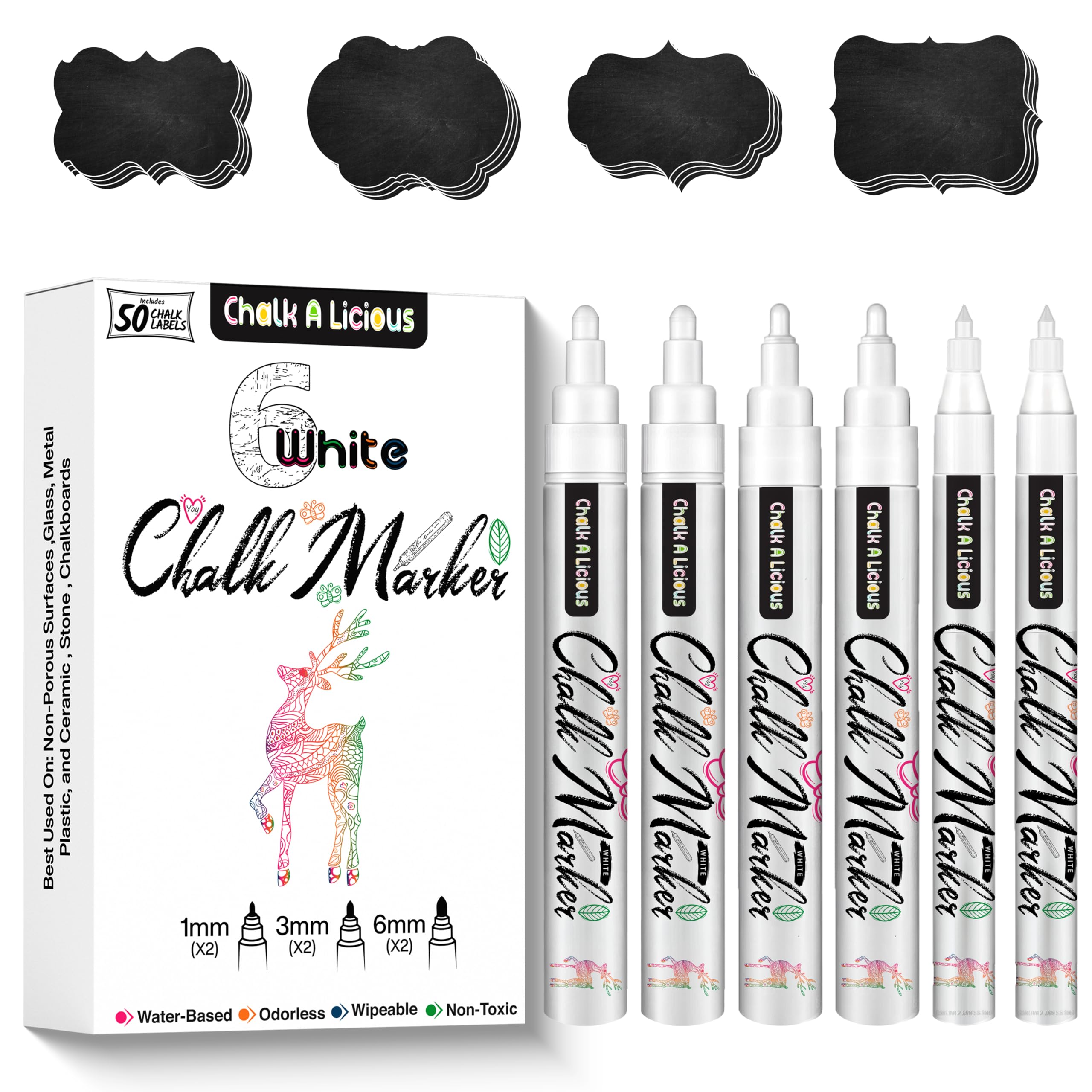 Chalk A licious 6x White Chalk Pens for Blackboards with 50 Black Labels - Liquid Chalk Markers - 2x(1mm,3mm,6mm) - Reversible Tips Bullet & Chisel