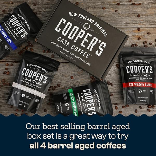 BOURBON & WHISKEY BARREL AGED COFFEE – 4-BAG ROASTED COFFEE BEANS SET – SINGLE ORIGIN BOURBON COLOMBIAN, MALT WHISKEY SUMATRA, RYE WHISKEY ETHIOPIAN, RUM BARREL RWANDA, (GROUND, 4 OUNCE (PACK OF 4))