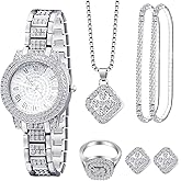 Ecation 7 Pcs Luxury Women Watch and Bracelet Set Valentine‘s Day Elegant Rhinestone Jewelry Quartz Watch and Women's Wrist Bangle Diamond Necklace Ring Earrings Set with Box for Wife Ladies Gift