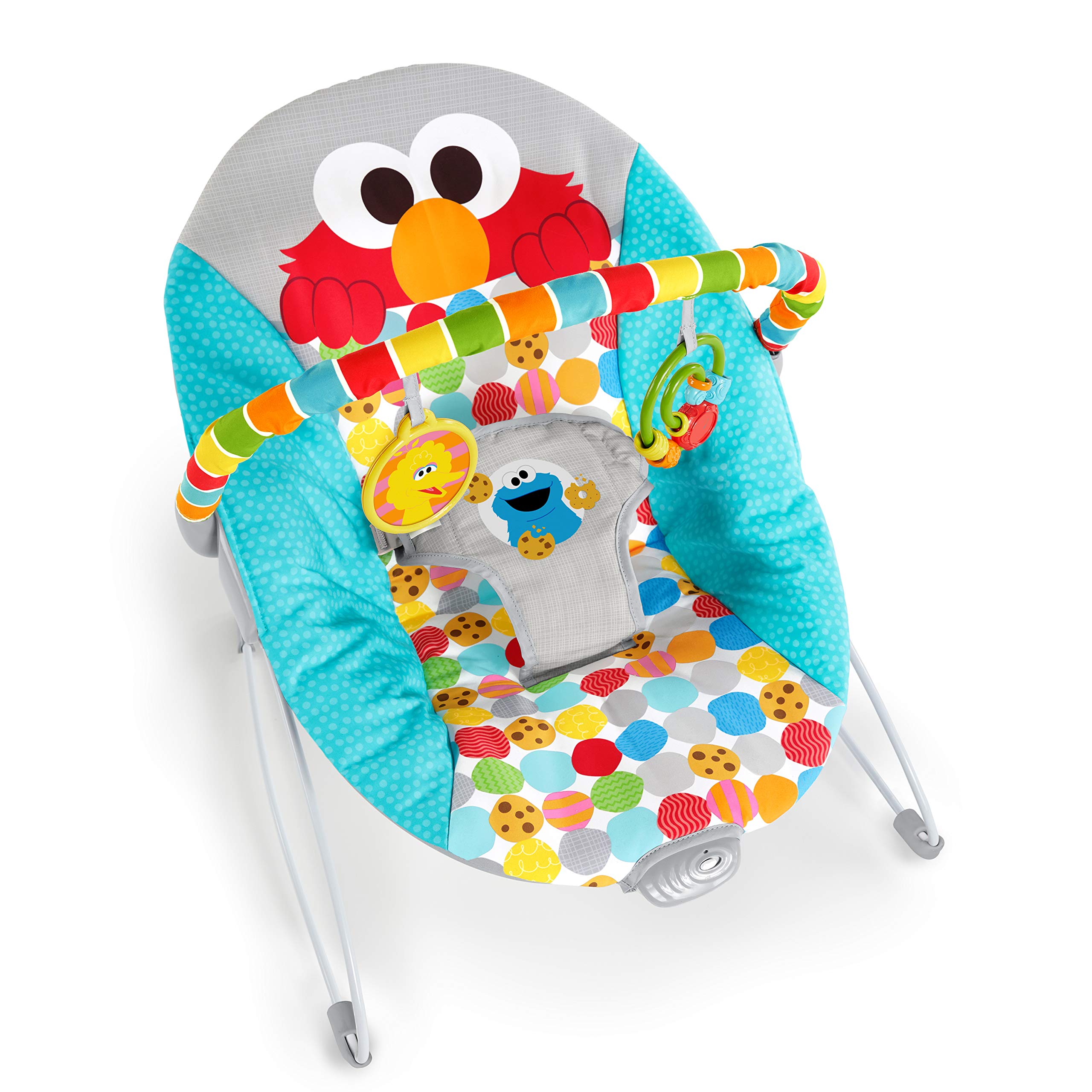 Bright Starts Sesame Street Baby Bouncer Soothing Vibrations Infant Seat - I Spot Elmo! with Cookie Monster and Big Bird - Removable-Toy Bar, 0-6 Months Up to 20 lbs