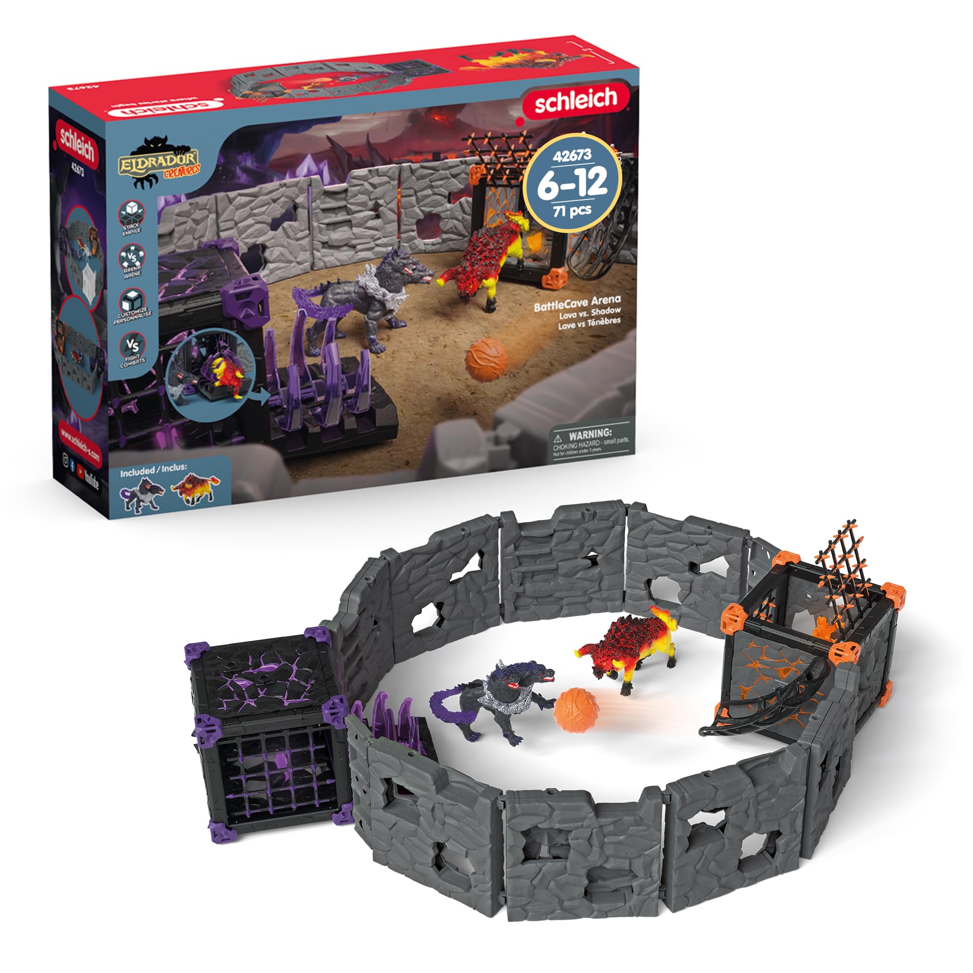 schleich ELDRADOR CREATURES | BATTLE CAVE Arena: Lava vs. Schatten 42673 | Set aus 2 x ELDRADOR Battle Cave, 2 x Monster und 2 x Kristall | Caves zur Arena stapelbar | Spielzeug ab 7 Jahren | 71 Teile