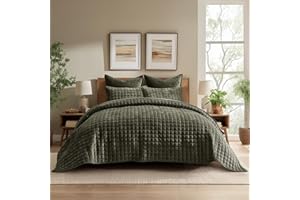 RECYCO Luxury Velvet Quilt Set King Size, Lightweight Velvet Comforter Set, Oversized Bedspread Coverlet Quilted Bedding Set, with 2 Matching Pillow Shams, for All Season, Olive Green