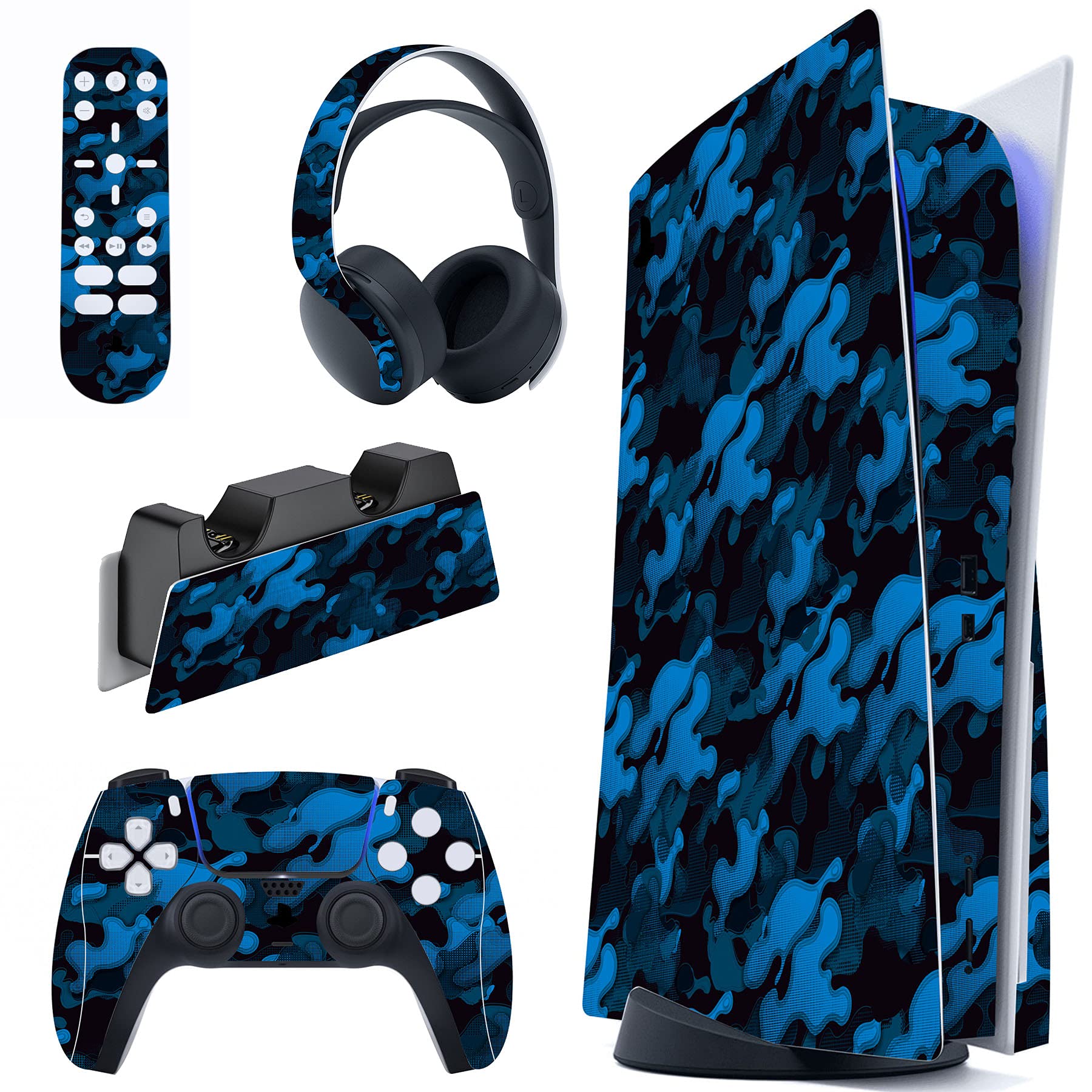 Black Blue Camouflage Full Set Skin Decal for PS5 Console Disc Edition, Sticker Vinyl Decal Cover for PS5 Controller & Charging Station & Headset & Media Remote