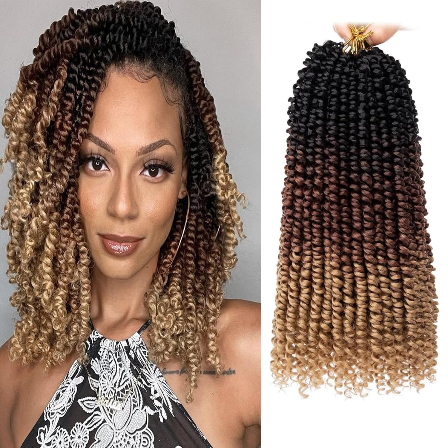 Xtrend 12 inch Short Pre twisted Passion Twist Hair 8Packs 3Tone Bohemian Pre Looped Synthetic Natural Hair Crochet Braids Passion Twist Hair for Black Women 12 Strands/Pack 1B3027#