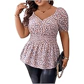 SweatyRocks Women's Plus Size Ditsy Floral Print Puff Short Sleeve Blouse Wrap Flared Hem Peplum Shirt Tops
