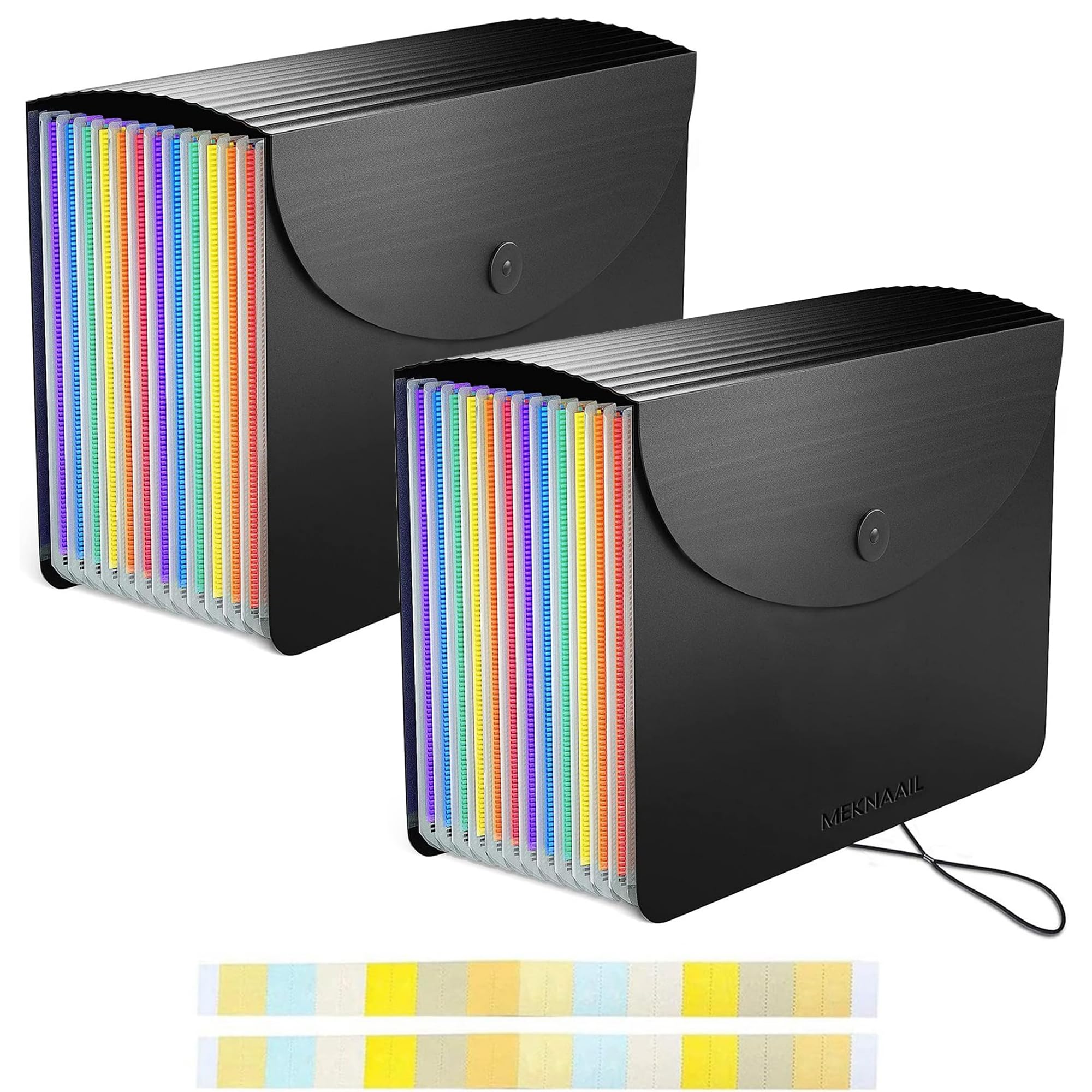Meknaail File Organiser 13 Pockets A4 Size Expanding Accordion Filing Boxes with Lid and Colour Labels Folders for Paperwork and File Storage (Pack of 2)